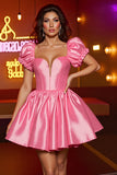 Pink Satin A Line Corset Puff Sleeves Short Prom Dress