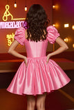 Pink Satin A Line Corset Puff Sleeves Short Prom Dress