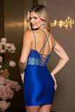 Sparkly Royal Blue Satin Bodycon Short Cocktail Dress with Keyhole