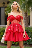 Sparkly Red Beaded Corset Short Prom Dress with Ruffles