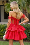 Sparkly Red Beaded Corset Short Prom Dress with Ruffles