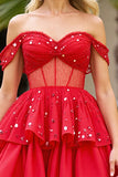 Sparkly Red Beaded Corset Short Prom Dress with Ruffles
