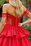 Sparkly Red Beaded Corset Short Prom Dress with Ruffles