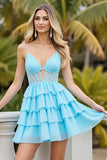 Light Blue Chiffon Corset Tiered Keyhole Short Prom Dress