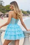 Light Blue Chiffon Corset Tiered Keyhole Short Prom Dress