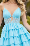 Light Blue Chiffon Corset Tiered Keyhole Short Prom Dress