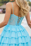 Light Blue Chiffon Corset Tiered Keyhole Short Prom Dress