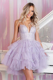Sparkly Lilac Tulle Tiered Short Prom Dress with Ruffles