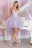 Sparkly Lilac Tulle Tiered Short Prom Dress with Ruffles