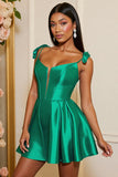 Dark Green Satin Corset A Line Short Prom Dress with Bows