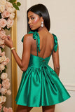 Dark Green Satin Corset A Line Short Prom Dress with Bows