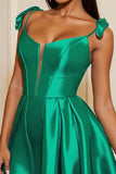 Dark Green Satin Corset A Line Short Prom Dress with Bows