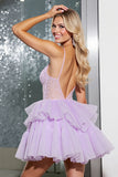 Lilac Organza Corset Tiered Short Prom Dress with Ruffles