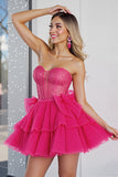 Sparkly Fuchsia Sequin Corset Sweetheart Short Prom Dress with Bows