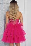 Sparkly Fuchsia Sequin Corset Sweetheart Short Prom Dress with Bows