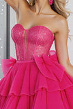 Sparkly Fuchsia Sequin Corset Sweetheart Short Prom Dress with Bows