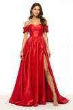 Off The Shoulder Ruched A Line Porm Dress With Slit