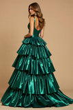 Sparkly Dark Green Tiered A Line Ruffled Prom Dress