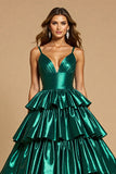 Sparkly Dark Green Tiered A Line Ruffled Prom Dress