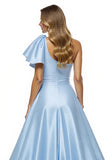 One Shoulder Beaded Blue Prom Dress With Slit