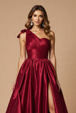 One Shoulder Burgundy A Line Long Prom Dress With Slit