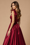 One Shoulder Burgundy A Line Long Prom Dress With Slit
