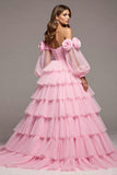 Pink Tulle Floral A Line Long Prom Dress with Ruffles