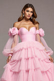 Pink Tulle Floral A Line Long Prom Dress with Ruffles