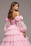 Pink Tulle Floral A Line Long Prom Dress with Ruffles