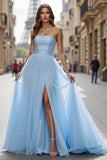 Blue Simple Tulle Prom Dress with Slit