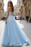 Blue Simple Tulle Prom Dress with Slit