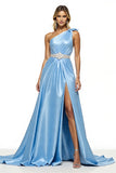Sparkly Blue Satin Long Prom Dress with Slit