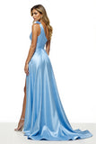 Sparkly Blue Satin Long Prom Dress with Slit