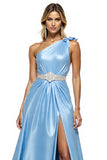 Sparkly Blue Satin Long Prom Dress with Slit
