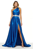 Sparkly Royal Blue Satin A Line Long Prom Dress with Slit