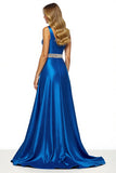 Sparkly Royal Blue Satin A Line Long Prom Dress with Slit