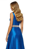 Sparkly Royal Blue Satin A Line Long Prom Dress with Slit