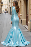 Blue Ruffled Satin Prom Dress with Slit