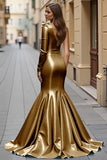 Blue Ruffled Satin Prom Dress with Slit