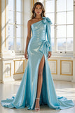 Blue Satin One Shoulder Prom Dress with Slit