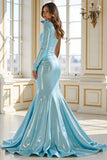 Blue Satin One Shoulder Prom Dress with Slit