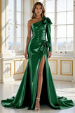 Blue Satin One Shoulder Prom Dress with Slit