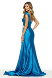 Blue A Line Satin Prom Dress with Slit