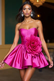 Fuchsia Strapless A Line Short Prom Dress With 3D Flowers