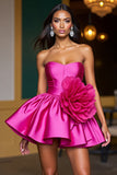 Fuchsia Strapless A Line Short Prom Dress With 3D Flowers