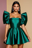 Dark Green Ruffled Sleeve Satin A Line Short Prom Dress