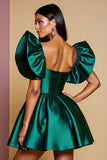 Dark Green Ruffled Sleeve Satin A Line Short Prom Dress