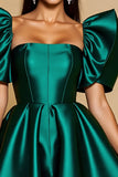 Dark Green Ruffled Sleeve Satin A Line Short Prom Dress