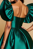 Dark Green Ruffled Sleeve Satin A Line Short Prom Dress