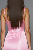 Pink Satin Bodycon Cocktail Dress With 3D Flowers